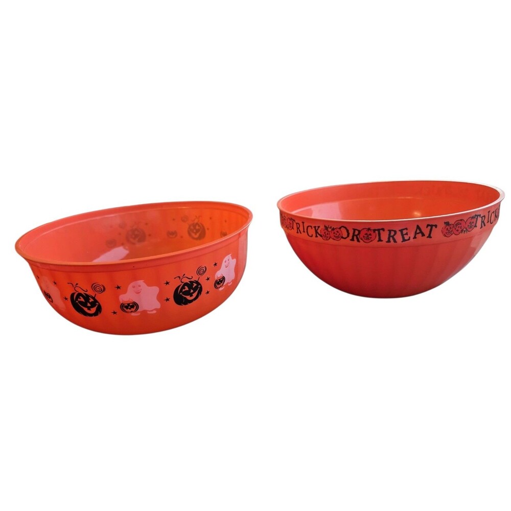 Vintage Plastic Orange Trick or Treat Halloween Candy Bowl Cat Pumpkin Ghost Set